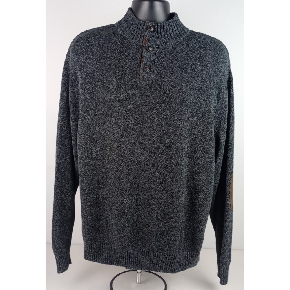 Chaps Men's XL Brown Elbow Patches Mock Neck 1/4 Button Gray Sweater